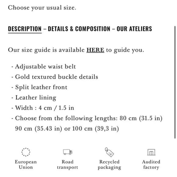 NWOT Sezane Artemis Suede Belt 80 36" Intense Black Gold Buckle Made In Italy - Picture 3 of 8